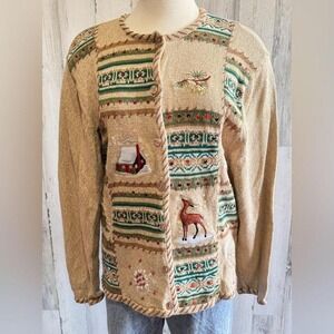 Vintage Embroidered Winter Cardigan XL whimsical kitchy‎ Christmas holiday